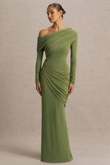 Perrie | Olive Asymmetric-Neck Maxi Dress With Ruched Detailing