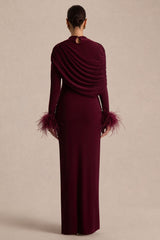 Gatsby | Burgundy High-Neck Maxi Dress With Feather Trim Cuffs