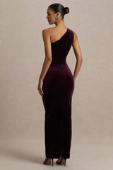 Treat | Burgundy Velvet Asymmetric-Neck Maxi Dress With Ruched Detailing.