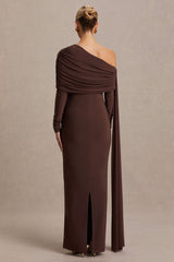 Cyra | Brown Bardot-Neck Maternity Maxi Dress With Sash