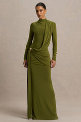 Melissa | Olive Long-Sleeve Wrap Maxi Dress With Draped Detailing
