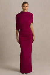 Glitz | Burgundy High-Neck Maxi Dress With Cape Sleeve and Ruched Detailing
