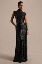 Cecy | Black Sequin High-Neck Maxi Dress With Cap Sleeves