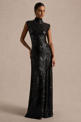 Cecy | Black Sequin High-Neck Maxi Dress With Cap Sleeves