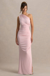 Daphne | Pink Asymmetric-Neck Maxi Dress With Ruched Detailing