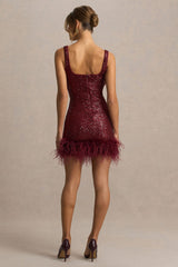 Rosalinda | Burgundy Sequin Square-Neck Mini Dress With Feather Trim
