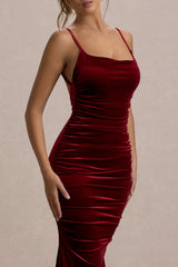 Adele | Berry Velvet Ruched Strappy Fishtail Maxi Dress