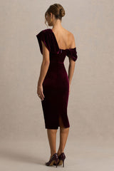 High End | Burgundy Velvet Asymmetric-Neck Midi Dress With Draped Detailing