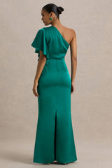 Unforgettable | Bottle Green Asymmetric-Neck Maxi Dress With Ruffled Detailing