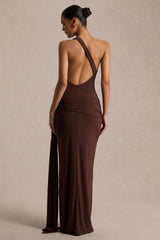Bonnie | Brown Asymmetric-Neck Maxi Dress With Open-Back