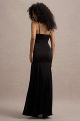 Ashly | Black Satin Maxi Dress With Volume Hem