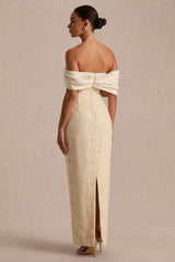 Solora | Cream Lace Twisted Bardot-Neck Maxi Dress