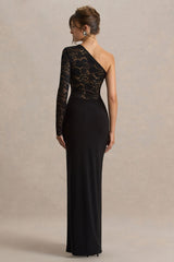 Melody | Black Asymmetric-Neck Maxi Dress With Lace Detailing And Front-High Split