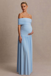Juliette | Powder Blue Bardot-Neck Maternity Maxi Dress With Drop-Waist