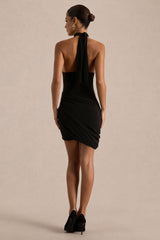 Briala | Black Halter-Neck Wrapped Mini Dress With Gold-Detail