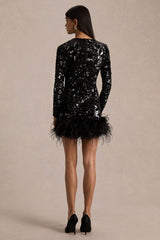 Stardust | Black Sequined Velvet Crew-Neck Mini Dress With Feather Trim
