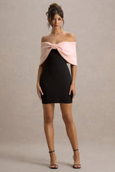 Sadie | Black & Pink Bow Bardot Mini Dress