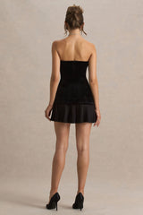 Valentina | Black Velvet Bandeau Mini Dress With Pleated Detailing