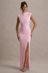 Lanetta | Pink Ruched High-Neck Maxi Dress With Split