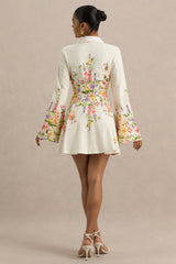 Alma | White Floral Border Print Shirt Mini Dress With Fluted Sleeves