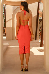 Anaisa | Orange Plunge Halter-Neck Midi Dress