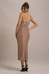 Lilabelle | Rose Gold Plisse Sequin Bandeau Midi Dress
