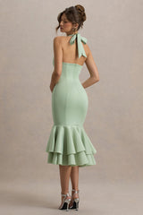 Arla | Light Green Halter Neck Ruffle Trim Midi Dress