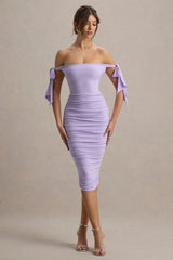 Citrus | Lilac Bardot Bodycon Midi Dress With Bow Sleeves