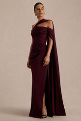 Yazmin | Burgundy Satin Asymmetric Maxi Dress With One-Sleeve Cape