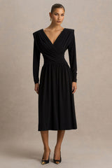 Alexis | Black Plunge-Neck Midi Dress With Draped And Ruched Detailing