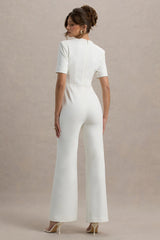 Simone | White Sweetheart Short-Sleeve Wide-Leg Jumpsuit