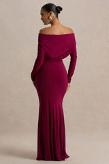 Cilla | Burgundy Bardot-Neck Maxi Dress With Ruched Detailing