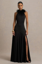 Jemima | Black Satin Halter-Neck Maxi Dress With Feather Trim