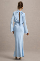 Celina | Powder Blue Satin High-Neck Maxi Dress