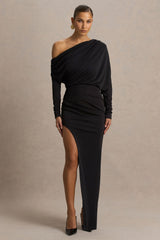 Olivia | Black Asymmetric-Neck Maxi Dress With Ruched Detailing And Asymmetric-Hem