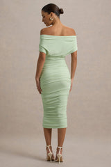 Rayleigh | Light Green Bardot Ruched Midi Dress