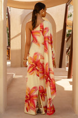 Portia | Lemon Lily Print Asymmetric Maxi Dress With Ruched Detail