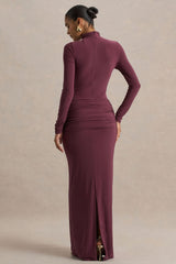 Myra | Burgundy High-Neck Maxi Dress With Sash and Ruched Detailing