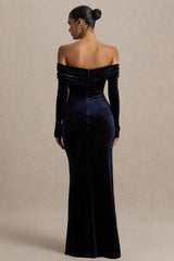 Countess | Navy Velvet Bardot-Neck Wrapped Maxi Dress With Front-High Split