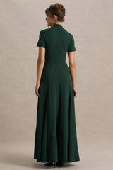 Alea | Dark Green High-Neck Short-Sleeve Maxi Dress