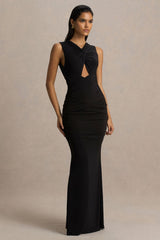 Kendall | Black V-Neck Wrapped Maxi Dress With Chest Cut-Out