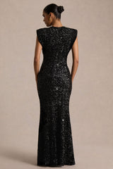 Aurah | Black Sequin Crew-Neck Maxi Dress With Cap Sleeves