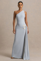 Bonnie | Blue Asymmetric-Neck Maxi Dress With Open-Back