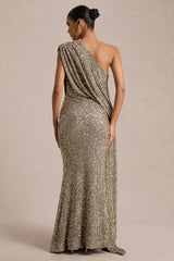 Liori | Champagne Sequin Asymmetric-Neck Maxi Dress With Sash