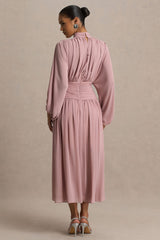 Annabel | Dusty Pink High-Neck Midi Dress With Drop-Waist And Pleated Detailing