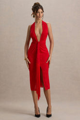 Auria | Red Satin Devore Plunge-Neck Midi Dress With Fringe Details
