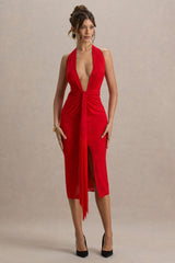 Auria | Red Satin Devore Plunge-Neck Midi Dress With Fringe Details