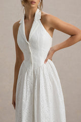 Jezebel | White Lace Plunge-Neck Collared Midi Dress