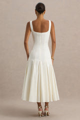 Magnolia | White Scoop-Neck Midi Dress With Drop-Waist And Ruffling Detail