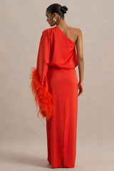 Felicity | Orange Satin Asymmetric-Neck Maxi Dress With Feather Detailing
